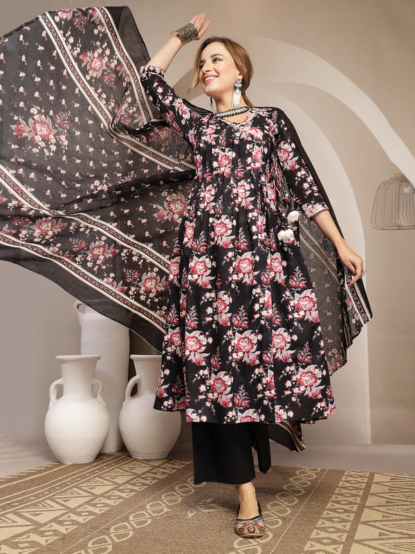 Gulmohar Jaipur Cotton Calf Length Printed 3/4 Sleeve V-Neck Flared Kurta Suit Set