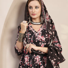 Gulmohar Jaipur Cotton Calf Length Printed 3/4 Sleeve V-Neck Flared Kurta Suit Set