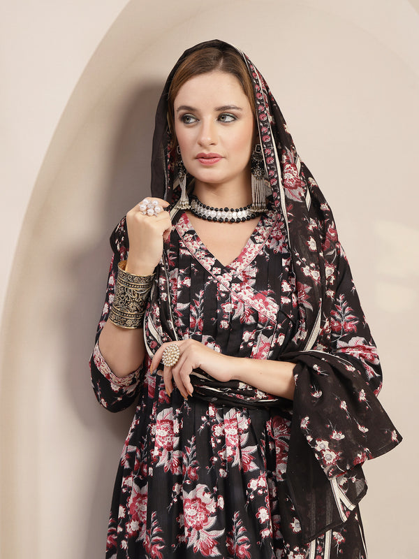 Gulmohar Jaipur Cotton Calf Length Printed 3/4 Sleeve V-Neck Flared Kurta Suit Set