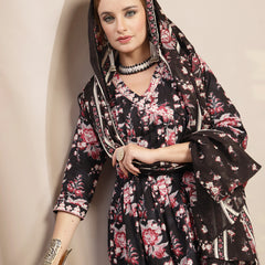Gulmohar Jaipur Cotton Calf Length Printed 3/4 Sleeve V-Neck Flared Kurta Suit Set