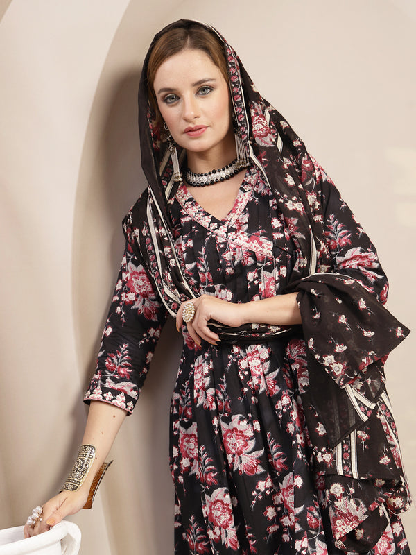 Gulmohar Jaipur Cotton Calf Length Printed 3/4 Sleeve V-Neck Flared Kurta Suit Set