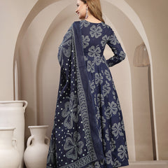 Gulmohar Jaipur Cotton Calf Length Printed 3/4 Sleeve V-Neck Flared Kurta Suit Set