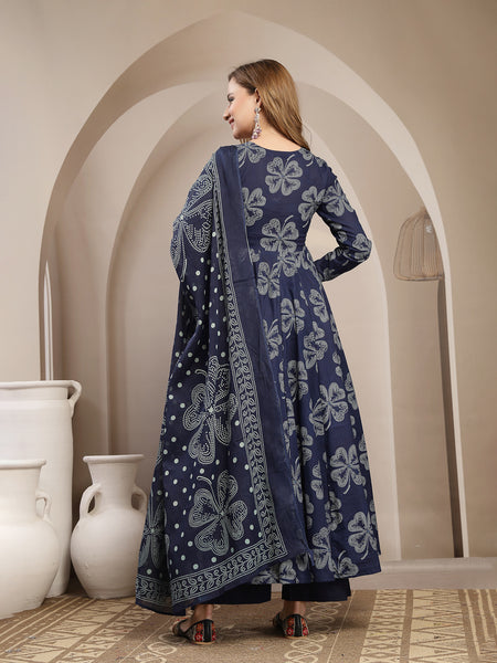 Gulmohar Jaipur Cotton Calf Length Printed 3/4 Sleeve V-Neck Flared Kurta Suit Set