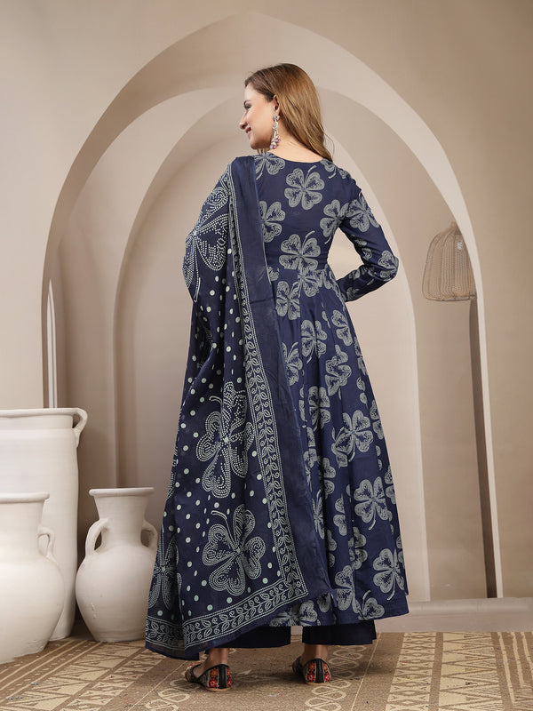 Gulmohar Jaipur Cotton Calf Length Printed 3/4 Sleeve V-Neck Flared Kurta Suit Set