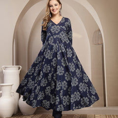 Gulmohar Jaipur Cotton Calf Length Printed 3/4 Sleeve V-Neck Flared Kurta Suit Set