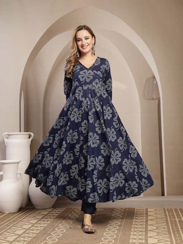 Gulmohar Jaipur Cotton Calf Length Printed 3/4 Sleeve V-Neck Flared Kurta Suit Set
