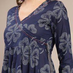 Gulmohar Jaipur Cotton Calf Length Printed 3/4 Sleeve V-Neck Flared Kurta Suit Set