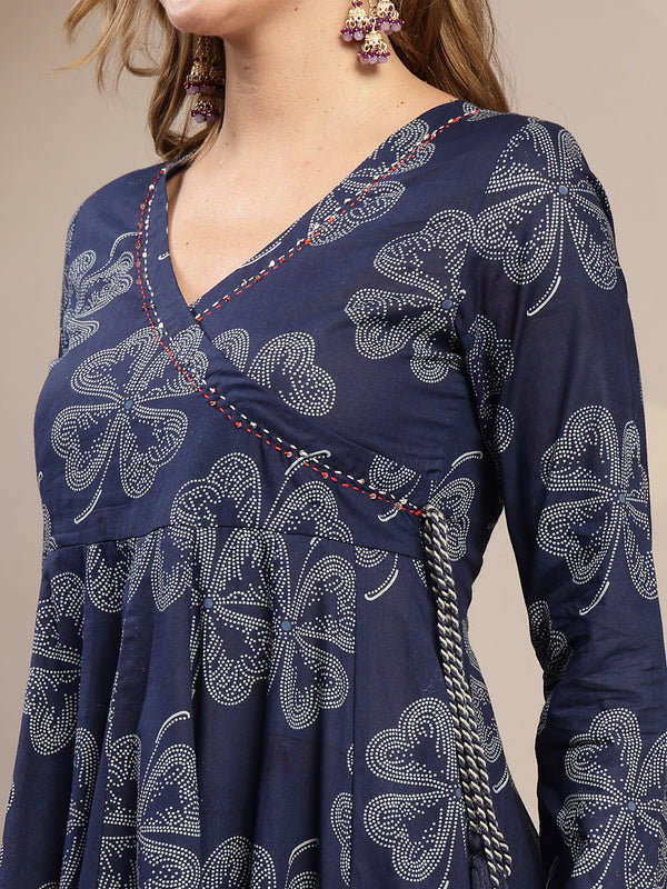 Gulmohar Jaipur Cotton Calf Length Printed 3/4 Sleeve V-Neck Flared Kurta Suit Set