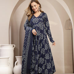 Gulmohar Jaipur Cotton Calf Length Printed 3/4 Sleeve V-Neck Flared Kurta Suit Set