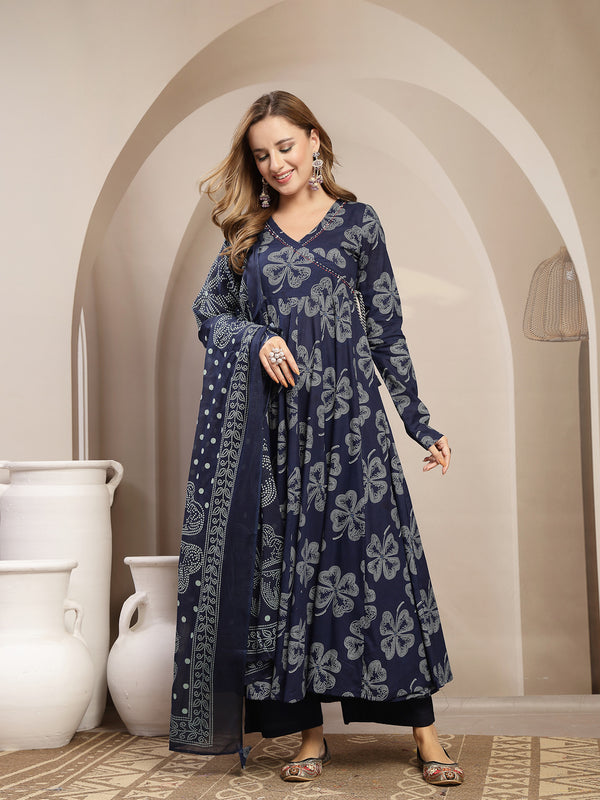 Gulmohar Jaipur Cotton Calf Length Printed 3/4 Sleeve V-Neck Flared Kurta Suit Set