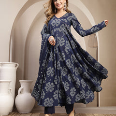Gulmohar Jaipur Cotton Calf Length Printed 3/4 Sleeve V-Neck Flared Kurta Suit Set