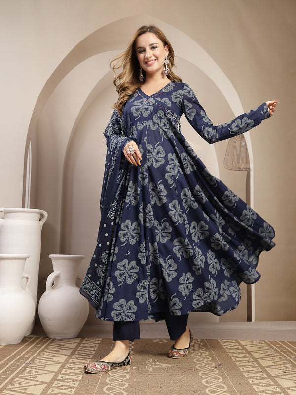 Gulmohar Jaipur Cotton Calf Length Printed 3/4 Sleeve V-Neck Flared Kurta Suit Set