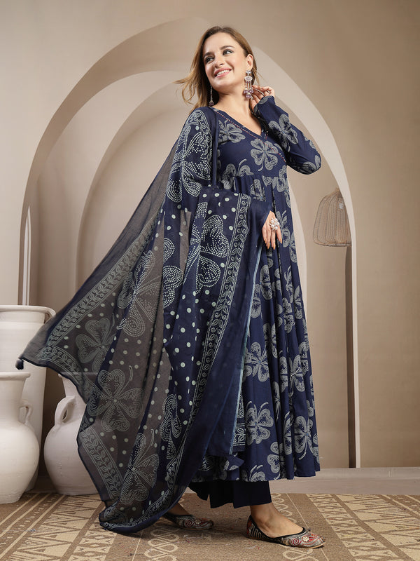 Gulmohar Jaipur Cotton Calf Length Printed 3/4 Sleeve V-Neck Flared Kurta Suit Set