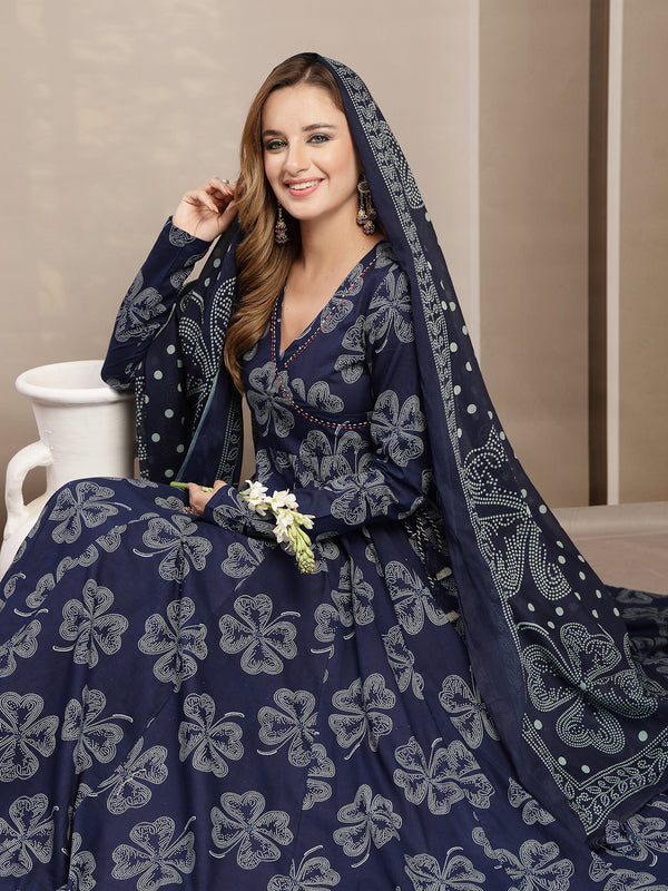 Gulmohar Jaipur Cotton Calf Length Printed 3/4 Sleeve V-Neck Flared Kurta Suit Set