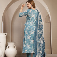 Gulmohar Jaipur Cotton Calf Length Printed 3/4 Sleeve V-Neck Flared Kurta Suit Set