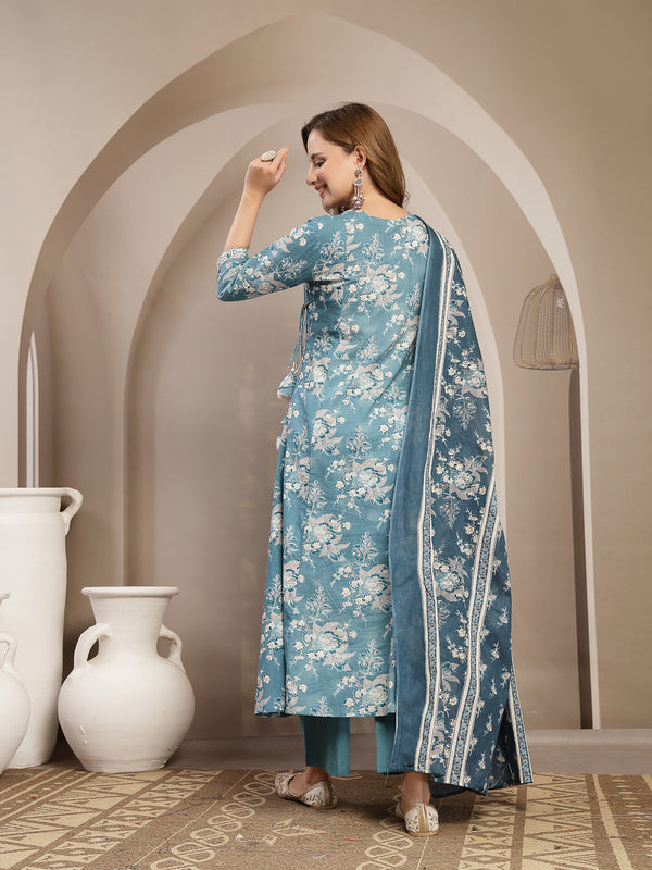 Gulmohar Jaipur Cotton Calf Length Printed 3/4 Sleeve V-Neck Flared Kurta Suit Set