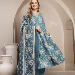 Gulmohar Jaipur Cotton Calf Length Printed 3/4 Sleeve V-Neck Flared Kurta Suit Set