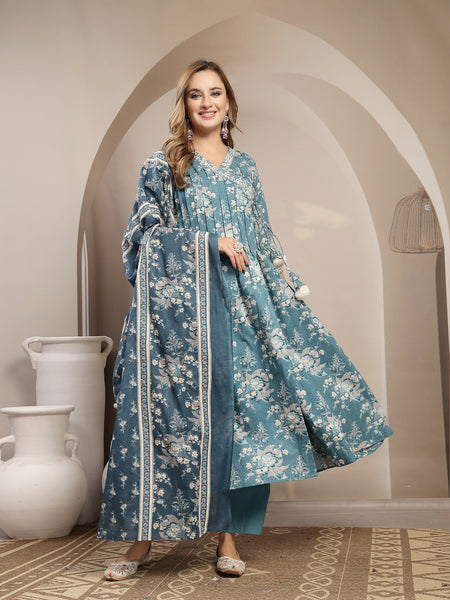 Gulmohar Jaipur Cotton Calf Length Printed 3/4 Sleeve V-Neck Flared Kurta Suit Set