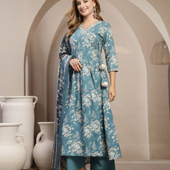 Gulmohar Jaipur Cotton Calf Length Printed 3/4 Sleeve V-Neck Flared Kurta Suit Set