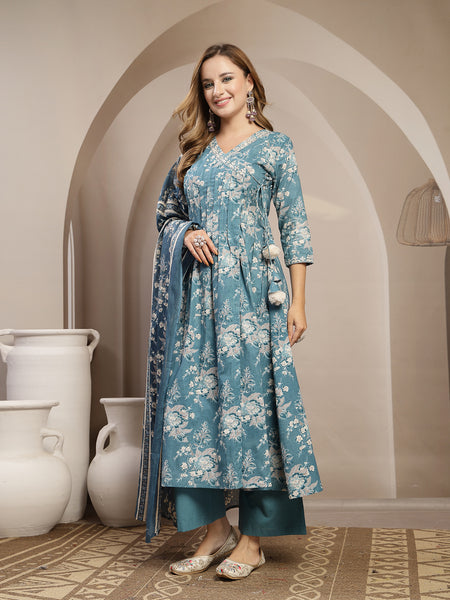 Gulmohar Jaipur Cotton Calf Length Printed 3/4 Sleeve V-Neck Flared Kurta Suit Set