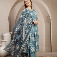 Gulmohar Jaipur Cotton Calf Length Printed 3/4 Sleeve V-Neck Flared Kurta Suit Set