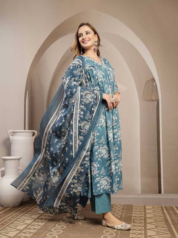 Gulmohar Jaipur Cotton Calf Length Printed 3/4 Sleeve V-Neck Flared Kurta Suit Set