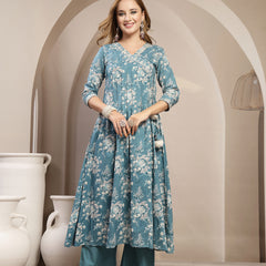 Gulmohar Jaipur Cotton Calf Length Printed 3/4 Sleeve V-Neck Flared Kurta Suit Set