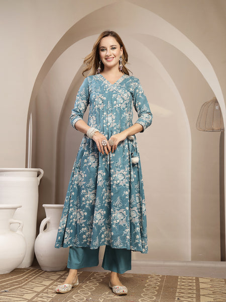 Gulmohar Jaipur Cotton Calf Length Printed 3/4 Sleeve V-Neck Flared Kurta Suit Set