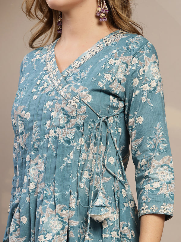 Gulmohar Jaipur Cotton Calf Length Printed 3/4 Sleeve V-Neck Flared Kurta Suit Set