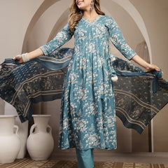 Gulmohar Jaipur Cotton Calf Length Printed 3/4 Sleeve V-Neck Flared Kurta Suit Set