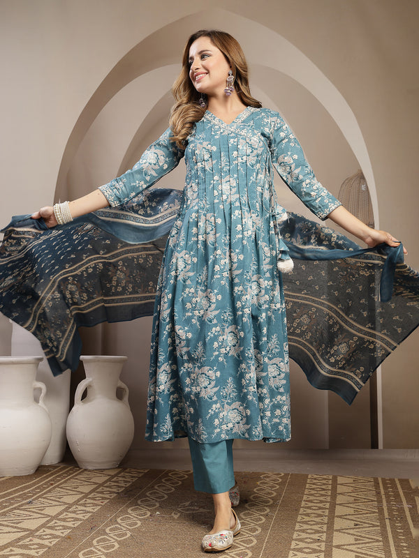 Gulmohar Jaipur Cotton Calf Length Printed 3/4 Sleeve V-Neck Flared Kurta Suit Set