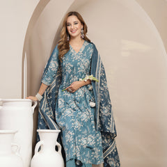 Gulmohar Jaipur Cotton Calf Length Printed 3/4 Sleeve V-Neck Flared Kurta Suit Set