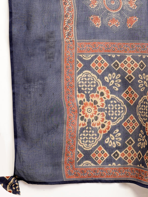 Gulmohar Jaipur Cotton Calf Length Printed 3/4 Sleeve Round Neck Flared Kurta Suit Set