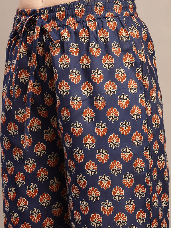 Gulmohar Jaipur Cotton Calf Length Printed 3/4 Sleeve Round Neck Flared Kurta Suit Set