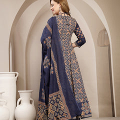 Gulmohar Jaipur Cotton Calf Length Printed 3/4 Sleeve Round Neck Flared Kurta Suit Set