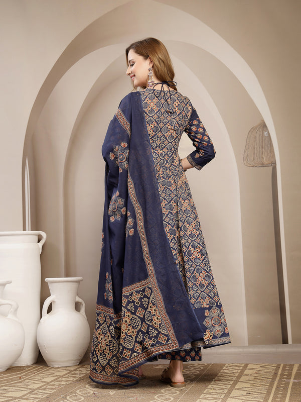 Gulmohar Jaipur Cotton Calf Length Printed 3/4 Sleeve Round Neck Flared Kurta Suit Set