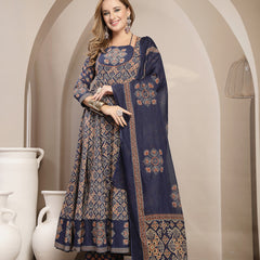 Gulmohar Jaipur Cotton Calf Length Printed 3/4 Sleeve Round Neck Flared Kurta Suit Set