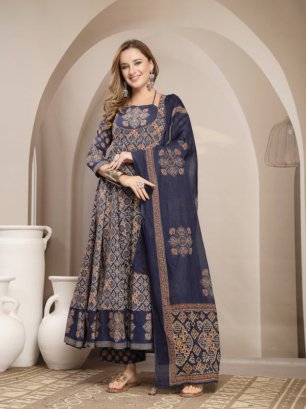 Gulmohar Jaipur Cotton Calf Length Printed 3/4 Sleeve Round Neck Flared Kurta Suit Set