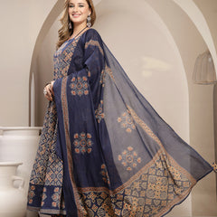 Gulmohar Jaipur Cotton Calf Length Printed 3/4 Sleeve Round Neck Flared Kurta Suit Set