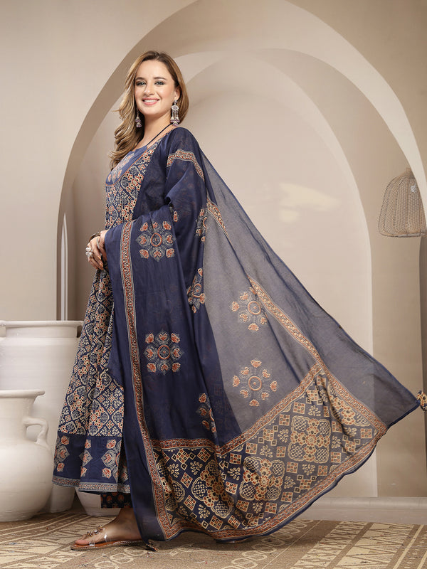 Gulmohar Jaipur Cotton Calf Length Printed 3/4 Sleeve Round Neck Flared Kurta Suit Set