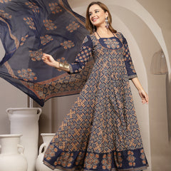 Gulmohar Jaipur Cotton Calf Length Printed 3/4 Sleeve Round Neck Flared Kurta Suit Set