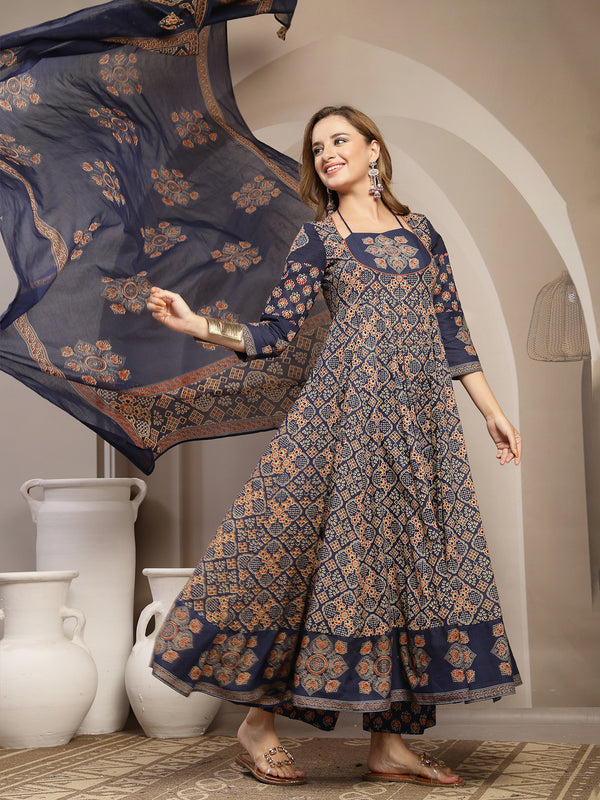 Gulmohar Jaipur Cotton Calf Length Printed 3/4 Sleeve Round Neck Flared Kurta Suit Set