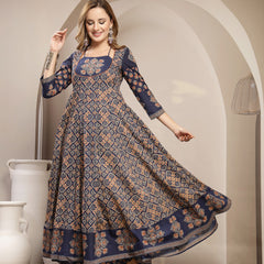Gulmohar Jaipur Cotton Calf Length Printed 3/4 Sleeve Round Neck Flared Kurta Suit Set