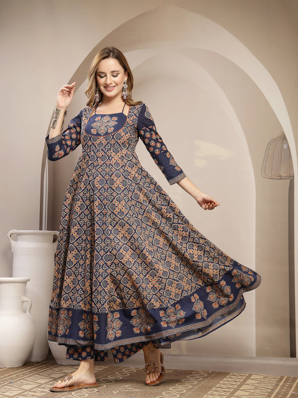 Gulmohar Jaipur Cotton Calf Length Printed 3/4 Sleeve Round Neck Flared Kurta Suit Set