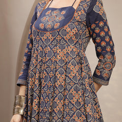 Gulmohar Jaipur Cotton Calf Length Printed 3/4 Sleeve Round Neck Flared Kurta Suit Set