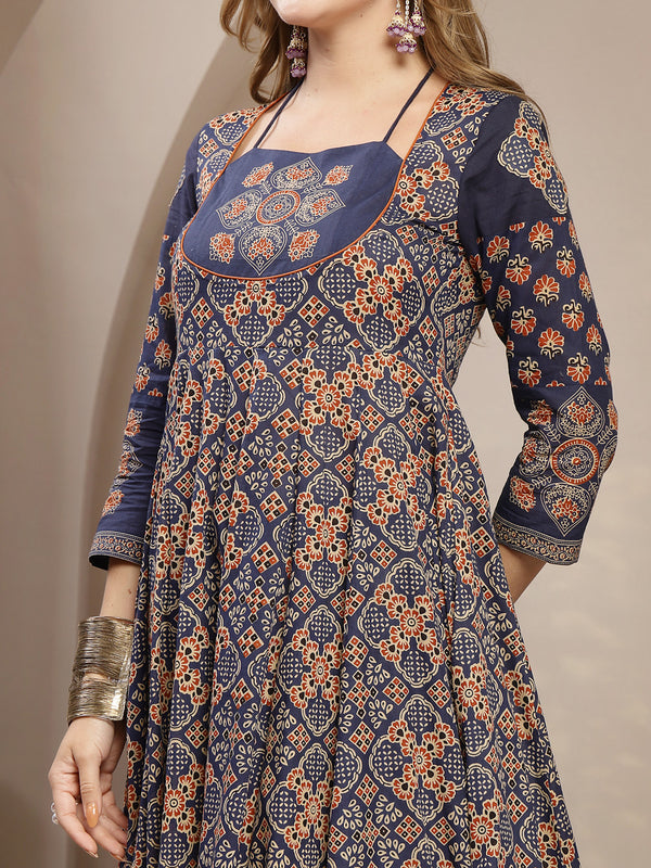 Gulmohar Jaipur Cotton Calf Length Printed 3/4 Sleeve Round Neck Flared Kurta Suit Set