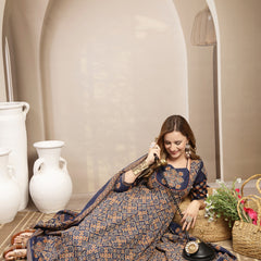 Gulmohar Jaipur Cotton Calf Length Printed 3/4 Sleeve Round Neck Flared Kurta Suit Set
