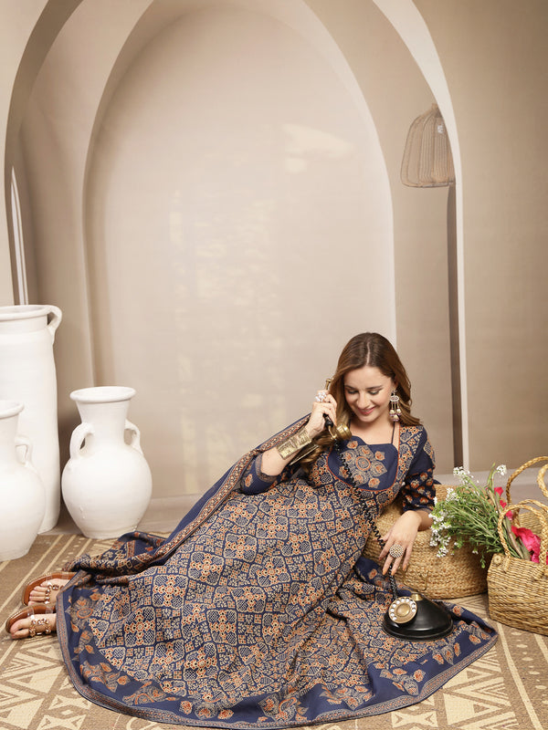Gulmohar Jaipur Cotton Calf Length Printed 3/4 Sleeve Round Neck Flared Kurta Suit Set
