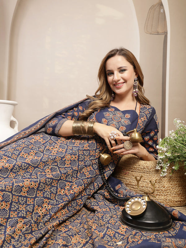 Gulmohar Jaipur Cotton Calf Length Printed 3/4 Sleeve Round Neck Flared Kurta Suit Set