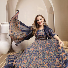 Gulmohar Jaipur Cotton Calf Length Printed 3/4 Sleeve Round Neck Flared Kurta Suit Set
